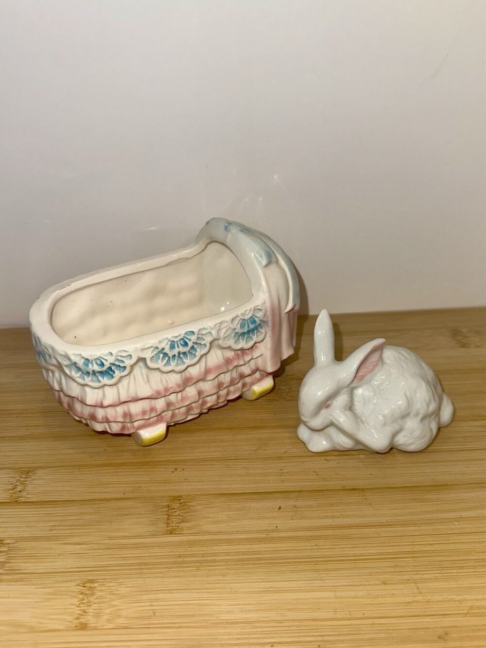 Vintage Nursery Planter with Adorable Rabbit Figurine Floral Glossy Baby Decor